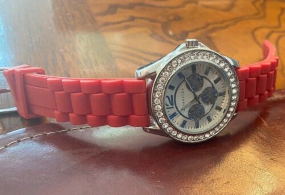 Women's 40mm Silver Tone Attention Watch, Crystal  Accents, Red Poly Band